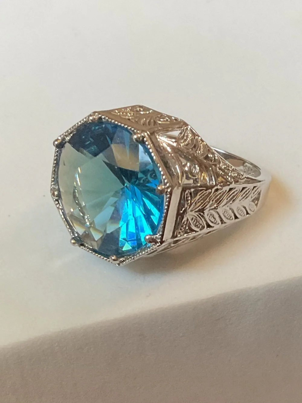 Art Deco Revival Sterling Silver Open Filigree Blue Crystal Ring Size 7
